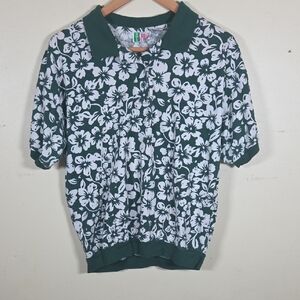 Vintage Bold Spirit Green Floral Polo Cuffed Short Sleeve Size Large